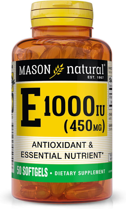 MASON NATURAL Vitamin E, 450 mg (1,000 IU), Daily Dietary Supplement with Essential Nutrient for Overall Wellness, 50 Soft gel capsules (Pack of 1)