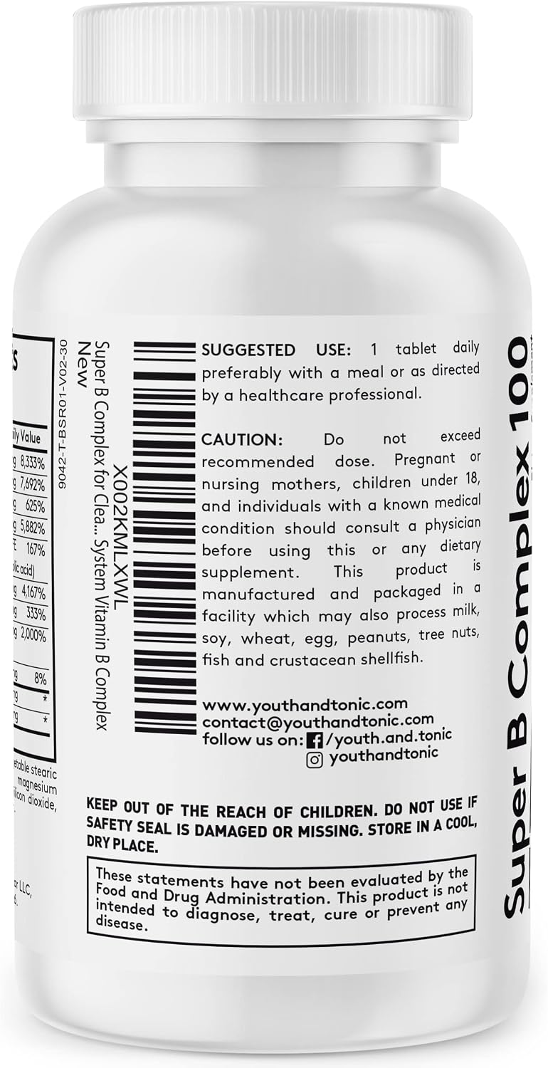 Youth & Tonic Super B Complex 100 – Stress B Complex with PABA, Choline & Inositol | 30 Tablets - görsel 7