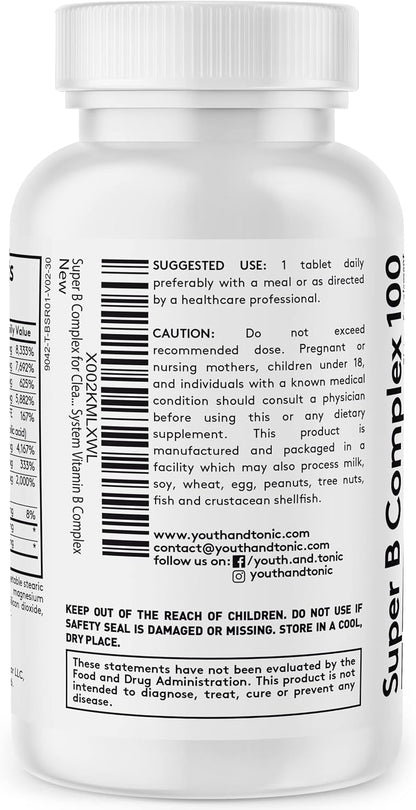 Youth & Tonic Super B Complex 100 – Stress B Complex with PABA, Choline & Inositol | 30 Tablets