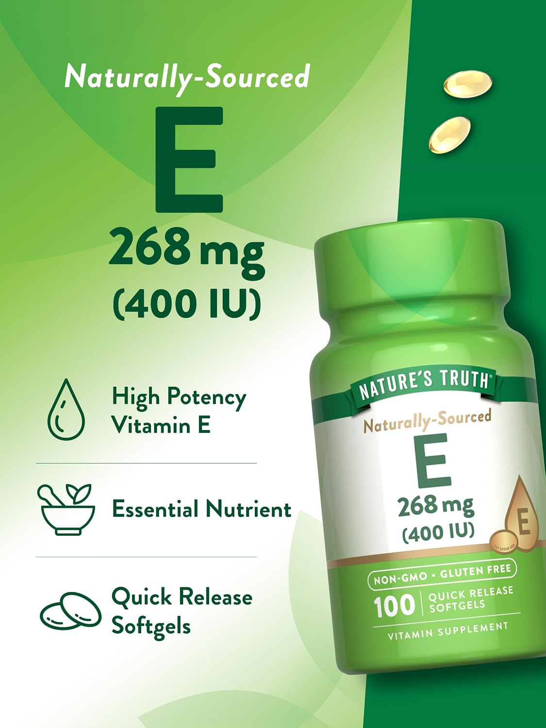 Nature's Truth Vitamin E 400 IU Softgels (268mg, 100 Count) - Non-GMO & Gluten-free Food Supplement - görsel 5