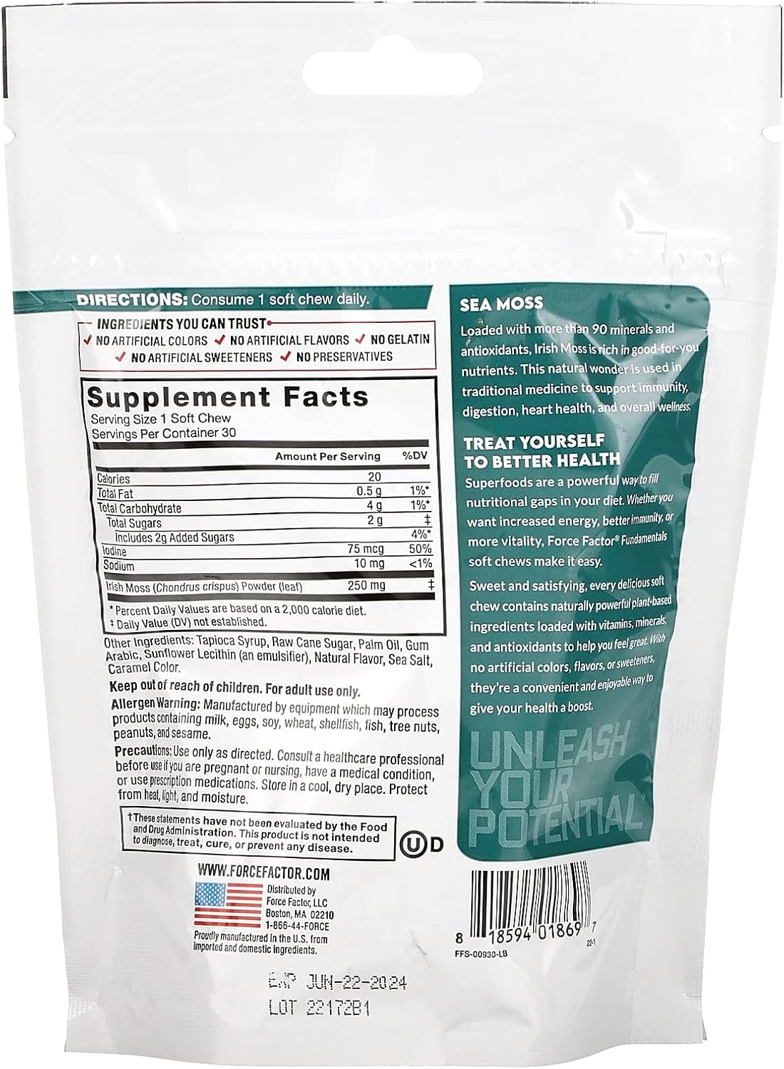 Force Factor Sea Moss Soft Chews – Irish Sea Moss Supplement, Immunity & Digestive Support, Non-GMO, Gluten-Free, 30 Chews - görsel 2