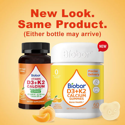 Biobor Vitamin D3 K2 Gummies with Calcium, 2000 IU D3 & 200 mcg K2 (MK-7) & 200 mg Calcium, No Added Sugar, Yellow Peach, 60 Count