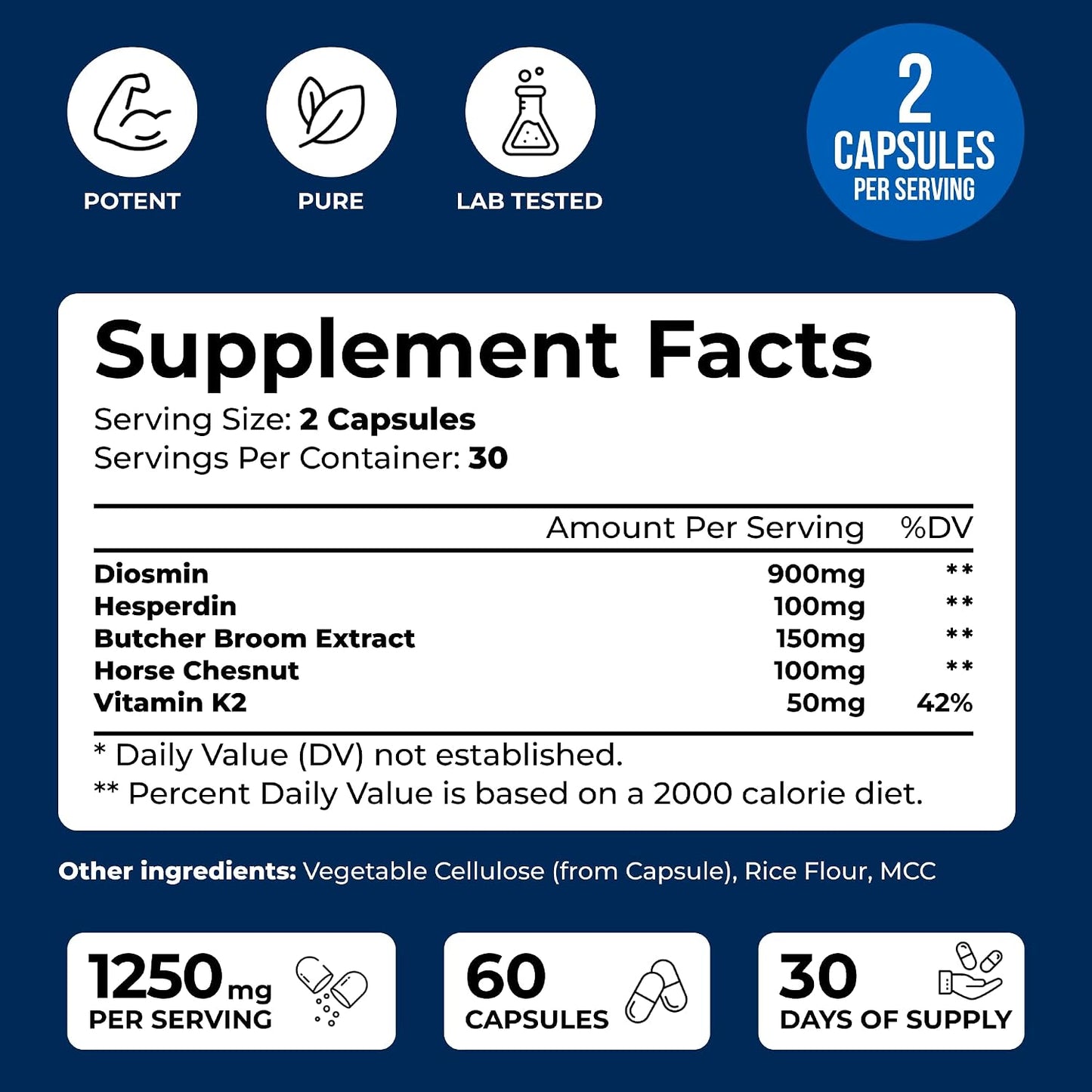 Vein Vitality 1250mg Diosmin Hesperidin Complex - Supports Leg Vein Health and Circulation - 60 Capsules - görsel 2