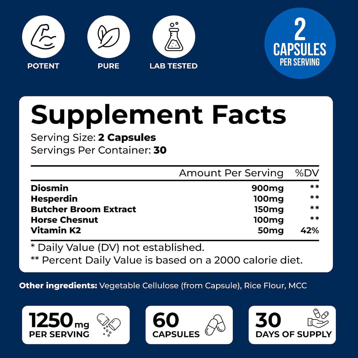 Vein Vitality 1250mg Diosmin Hesperidin Complex - Supports Leg Vein Health and Circulation - 60 Capsules - görsel 2