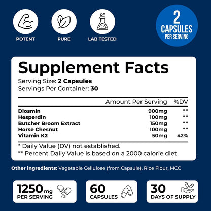 Vein Vitality 1250mg Diosmin Hesperidin Complex - Supports Leg Vein Health and Circulation - 60 Capsules