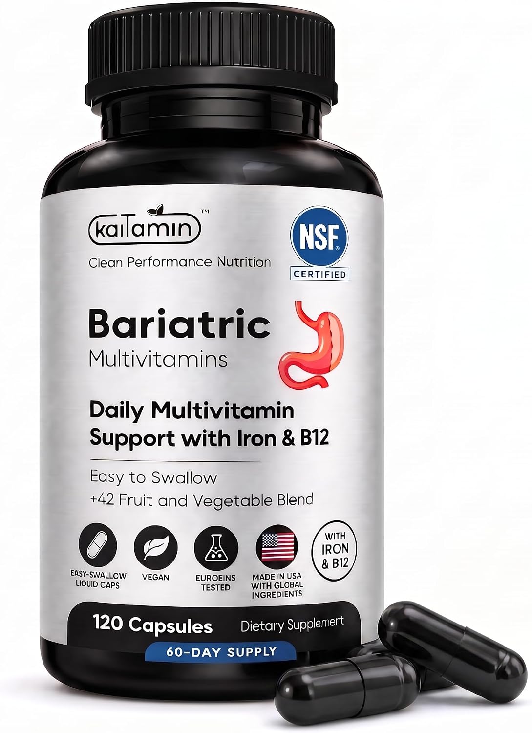 Kaitamin Bariatric Multivitamin with Iron – NSF Certified – 120 Liquid Capsules (60-Day Supply) - görsel 1