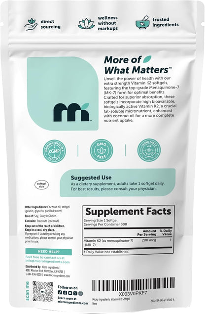 Micro Ingredients Vitamin K2 MK-7 200 mcg, 300 Coconut Oil Softgels – Non-GM Supplement