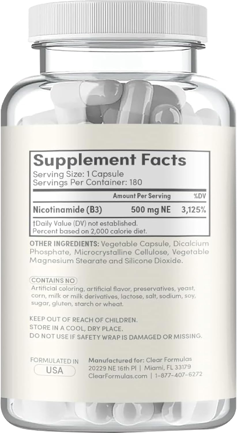 Vitamin B3 Nicotinamide 500mg – Flush Free Niacin Supplement for Energy, Skin & Nervous System Support – NAD Precursor – 180 Capsules - görsel 3