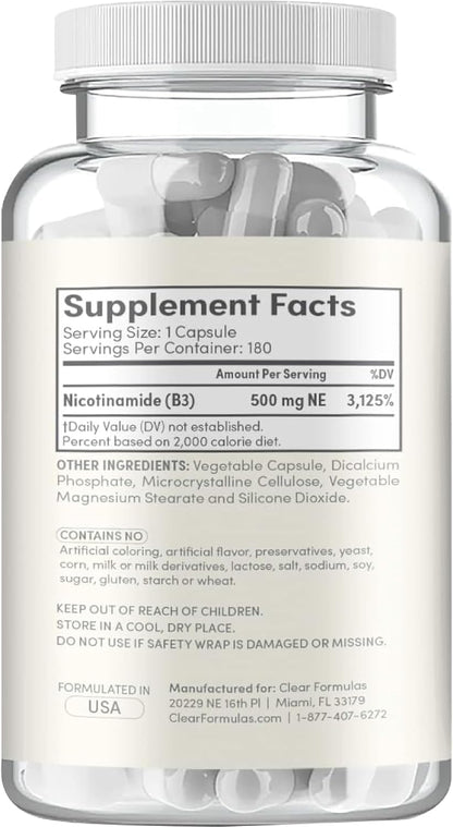Vitamin B3 Nicotinamide 500mg – Flush Free Niacin Supplement for Energy, Skin & Nervous System Support – NAD Precursor – 180 Capsules
