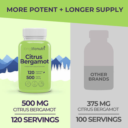 LongLifeNutri Citrus Bergamot Extract 500 mg – 120 Vegetarian Capsules (4-Month Supply)
