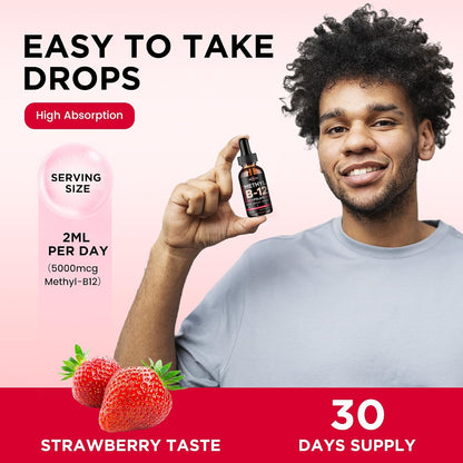 ReviNutra Vitamin B12 Liquid Drops - 5000 mcg Methylcobalamin with B6 & Folate - Vegan Strawberry Flavour - 60 ml