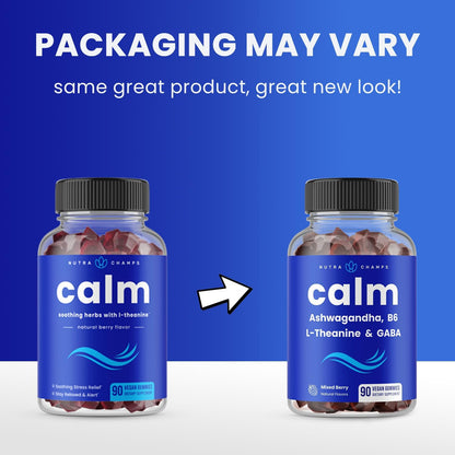 NutraChamps Calm Gummies, Stress Gummies Food Supplement with Ashwagandha, L-Theanine, GABA, Vitamin B6 & Lemon Balm, Supports Mood, Focus & Stress Relief, Natural Berry Flavour, 90 Gummies