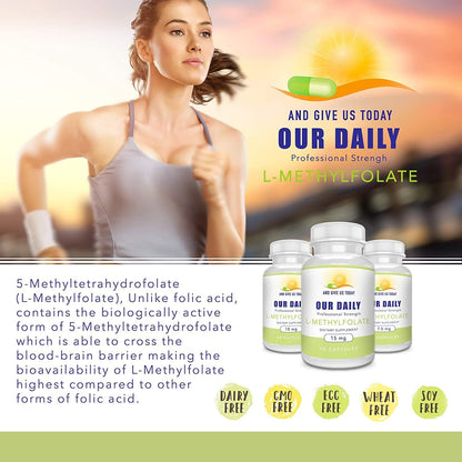 Our Daily Vites L-Methylfolate 1 mg (1000 mcg) – Active Folate (5-MTHF) – No Fillers, Gluten-free, Non-GM – 180 Capsules