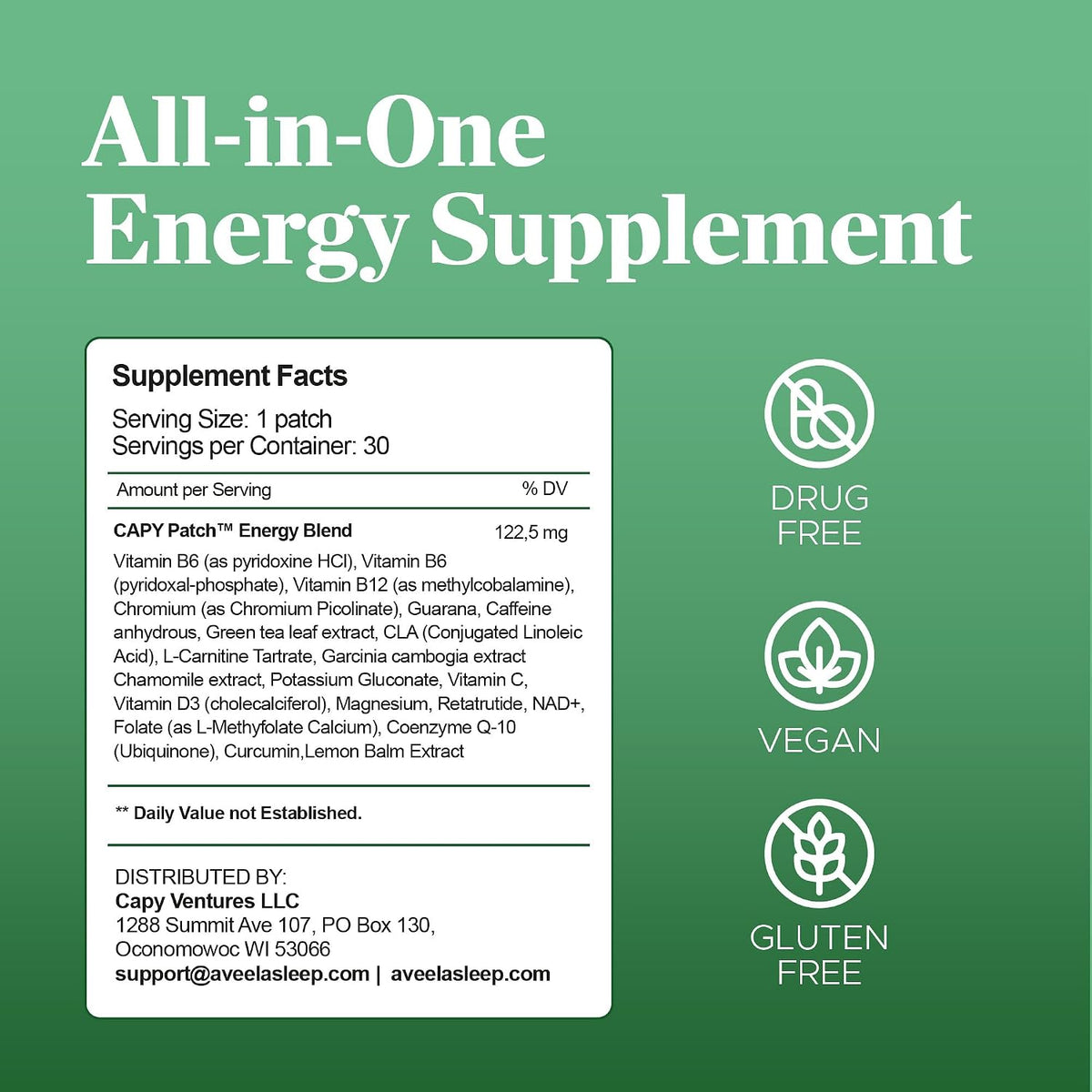 B12 Vitamin Energy Patches with Caffeine, Green Tea Extract & Guarana (30 Patches) – 12-Hour Plant-Based Energy Boost | with Vitamins B6 & B3 - görsel 7