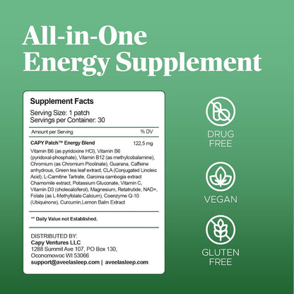 B12 Vitamin Energy Patches with Caffeine, Green Tea Extract & Guarana (30 Patches) – 12-Hour Plant-Based Energy Boost | with Vitamins B6 & B3