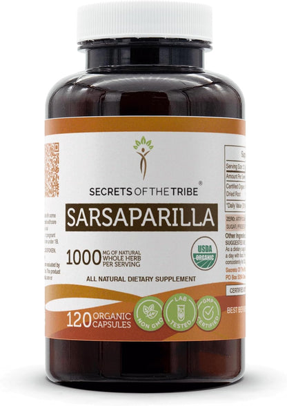 Secrets of the Tribe Sarsaparilla Organic - Vegetarian Capsules with Certified Organic Sarsaparilla (Hemidesmus indicus) Dried Root, 120 Capsules