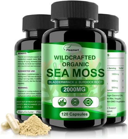 Irish Sea Moss Capsules 120ct - Raw Wildcrafted Sea Moss with Bladderwrack and Burdock Root