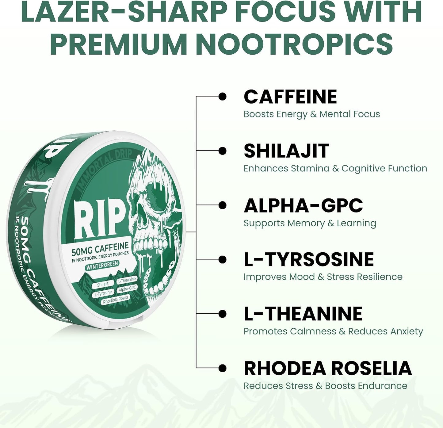 Immortal Drip RIP Nootropic Energy Pouches (Wintergreen) – 5 Cans – 15 Pouches per Can – Clean Energy and Focus Support – 50mg Caffeine, Shilajit, Alpha-GPC, L-Tyrosine, Rhodiola - görsel 2