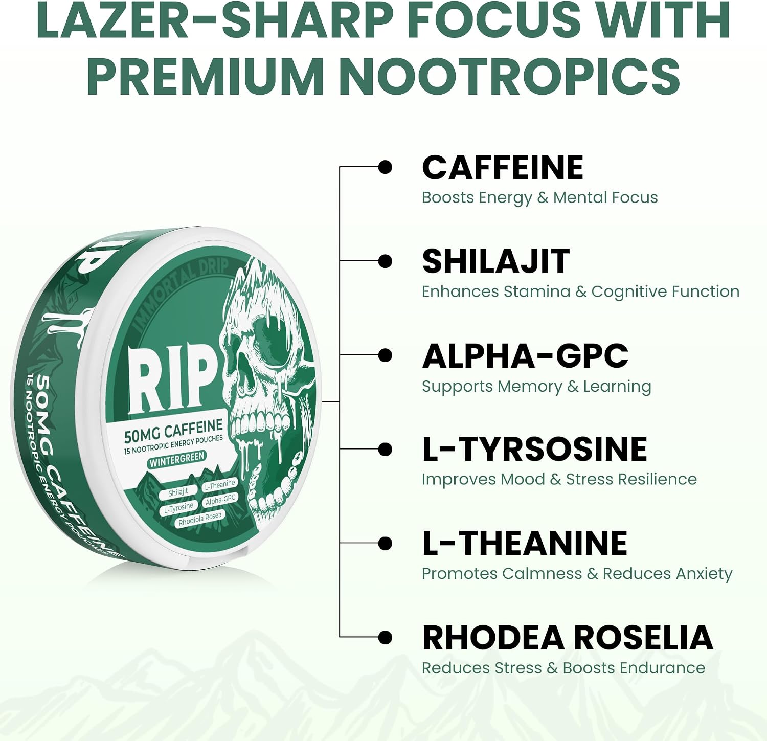 Immortal Drip RIP Nootropic Energy Pouches (Wintergreen) – 5 Cans – 15 Pouches per Can – Clean Energy and Focus Support – 50mg Caffeine, Shilajit, Alpha-GPC, L-Tyrosine, Rhodiola - görsel 2