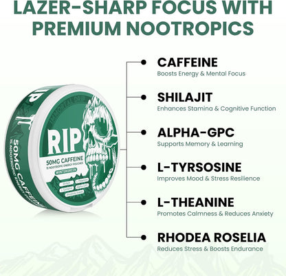 Immortal Drip RIP Nootropic Energy Pouches (Wintergreen) – 5 Cans – 15 Pouches per Can – Clean Energy and Focus Support – 50mg Caffeine, Shilajit, Alpha-GPC, L-Tyrosine, Rhodiola