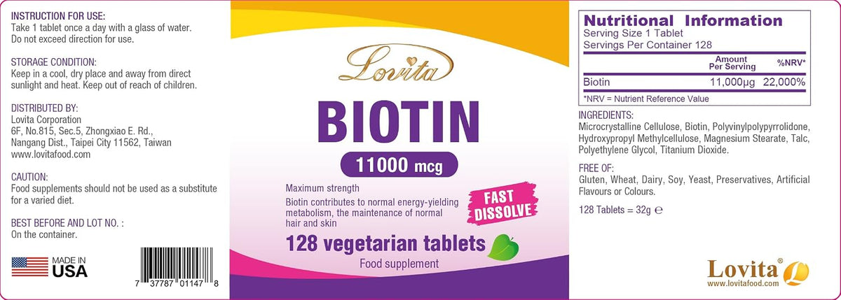 LOVITA Maximum Strength 11,000mcg Biotin: Fast-Dissolving, Vegetarian Tablets - Easily Absorbed, Gluten & Dairy-Free, 128 Vegan-Friendly Tablets (Pack of 3) - görsel 6