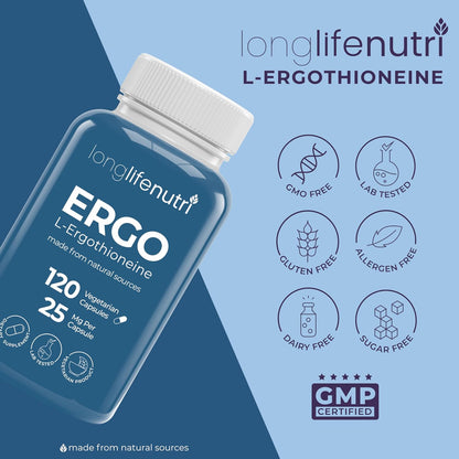 L-Ergothioneine 25 mg - 120 Vegetarian Capsules - Antioxidant Supplement for Wellbeing