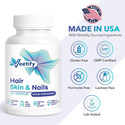 Veetify Hair, Skin and Nails Vitamins - Biotin and Herbal Complex, 60 Vegan Capsules