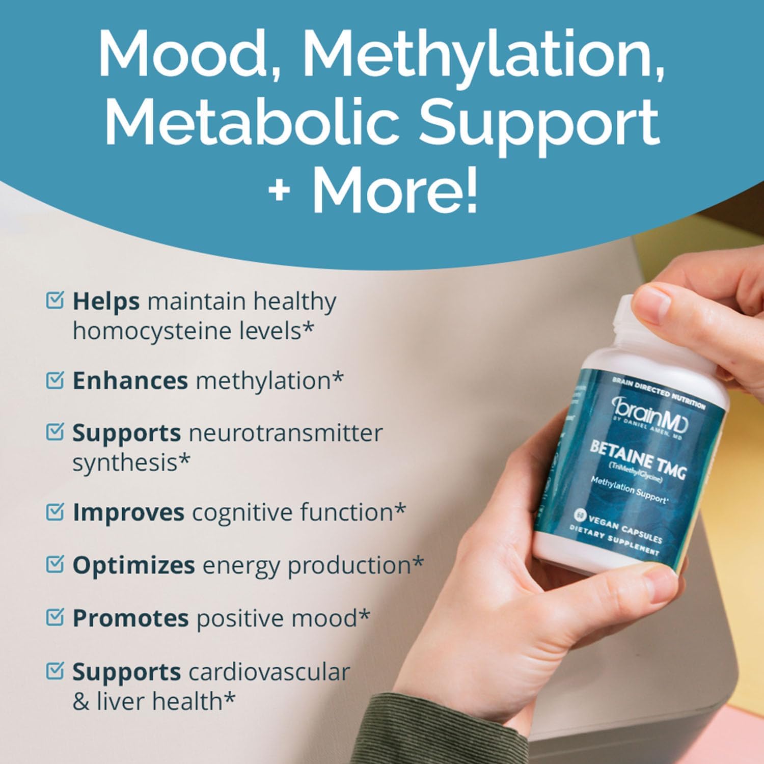 BRAINMD Dr Amen Betaine TMG - 60 Capsules - Mood and Methyl Support - Gluten-free - görsel 3