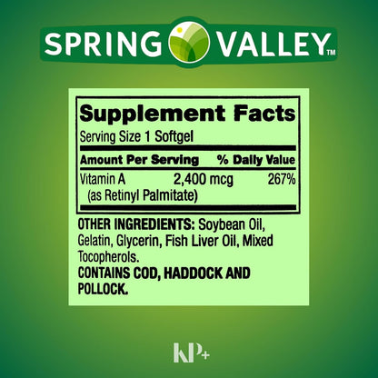Spring Valley Vitamin A, Vitamin A Supplement, 2400 mcg, 250 Soft gel capsules