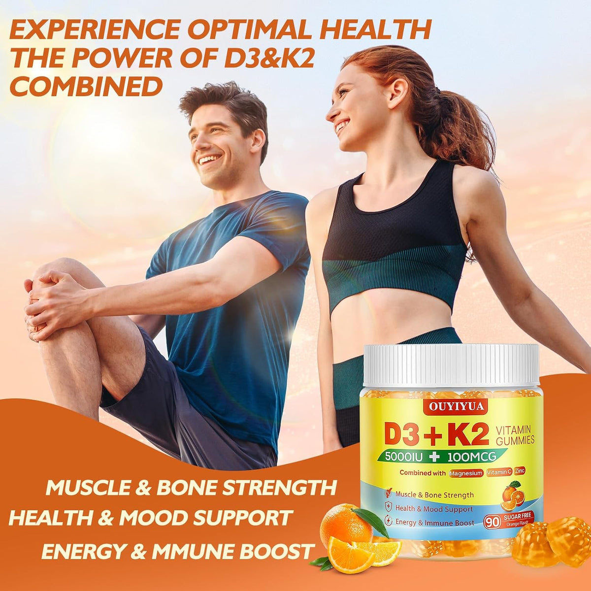 OUYIYUA Vitamin D3 K2 Gummies - 5000 IU D3 + 100 mcg K2 (MK-7), 90 Count - görsel 5