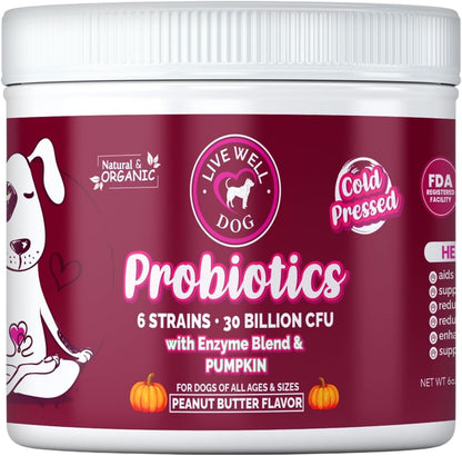 Live Well Dog Probiotic Chews for Dogs – 6-Strain Blend, Peanut Butter Flavour, Soft Chews