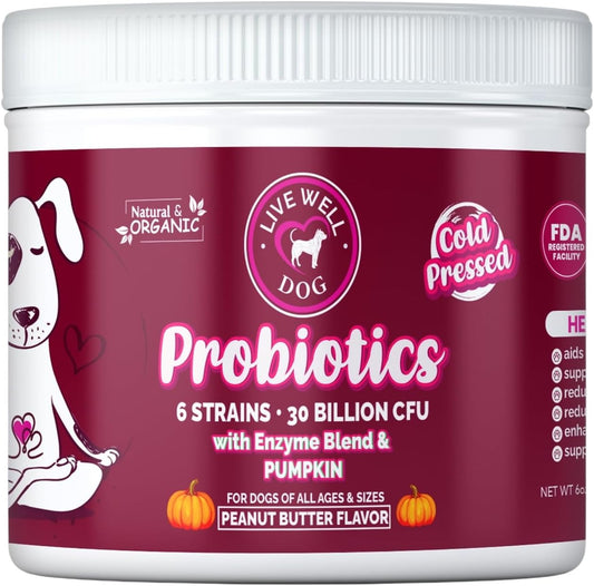 Live Well Dog Probiotic Chews for Dogs – 6-Strain Blend, Peanut Butter Flavour, Soft Chews