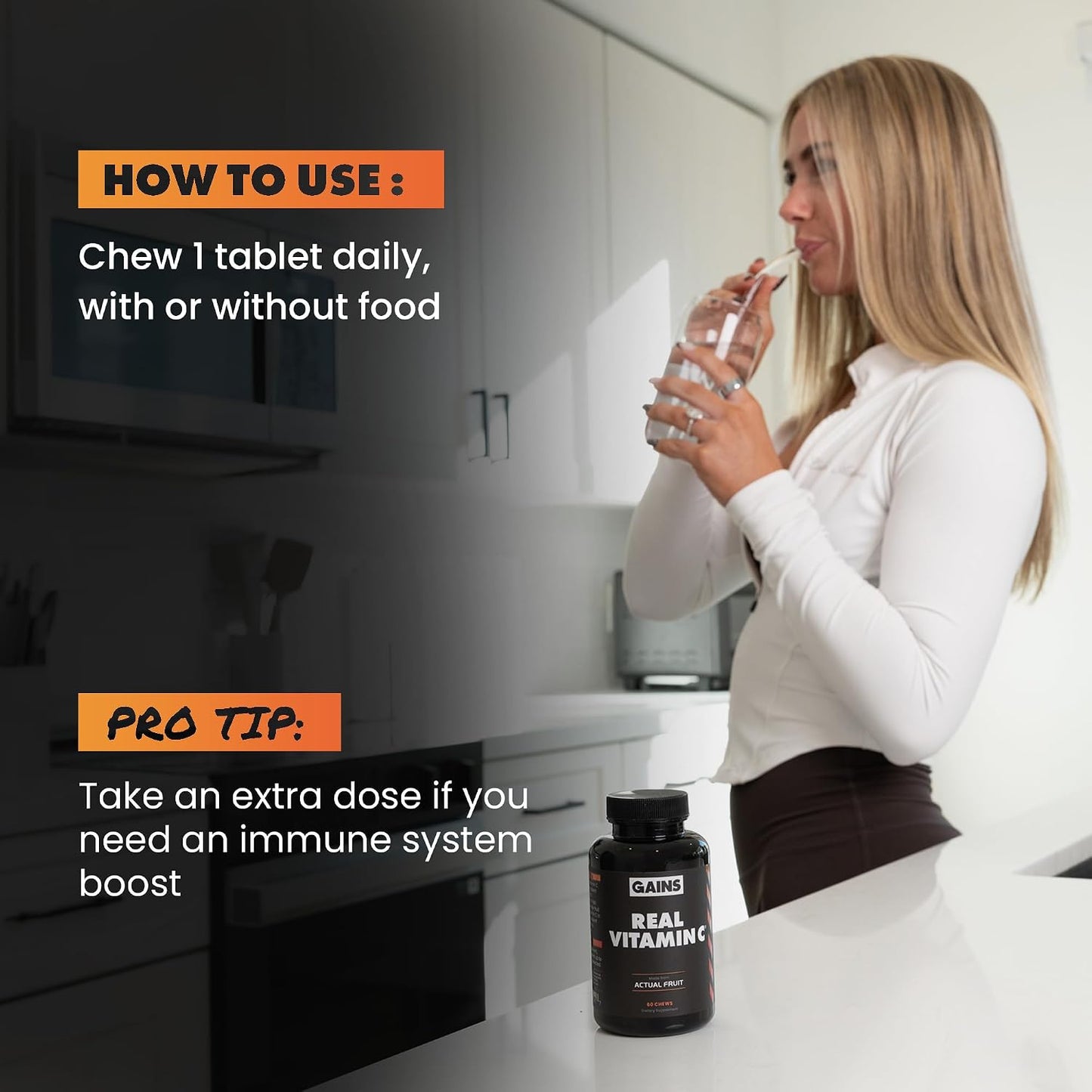 Gains in Bulk Real Vitamin C - Whole Food Chewable with Citrus Bioflavonoids, 60 Tablets - görsel 7