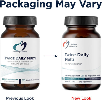 Designs for Health Methylated Multivitamin – Twice-Daily Formula with Methylated B12 and Folate, Without Iron (60 Capsules)