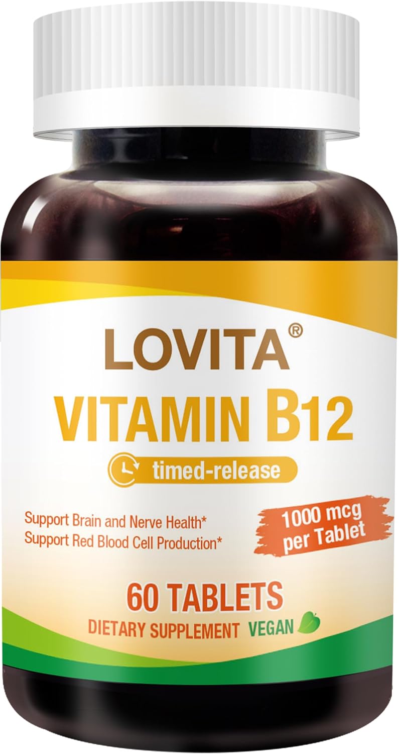 LOVITA Sustained-Release Vitamin B12 1000 mcg (Cyanocobalamin) – Timed Release, 60 Vegan Tablets for Brain & Nerve Health Support - görsel 1