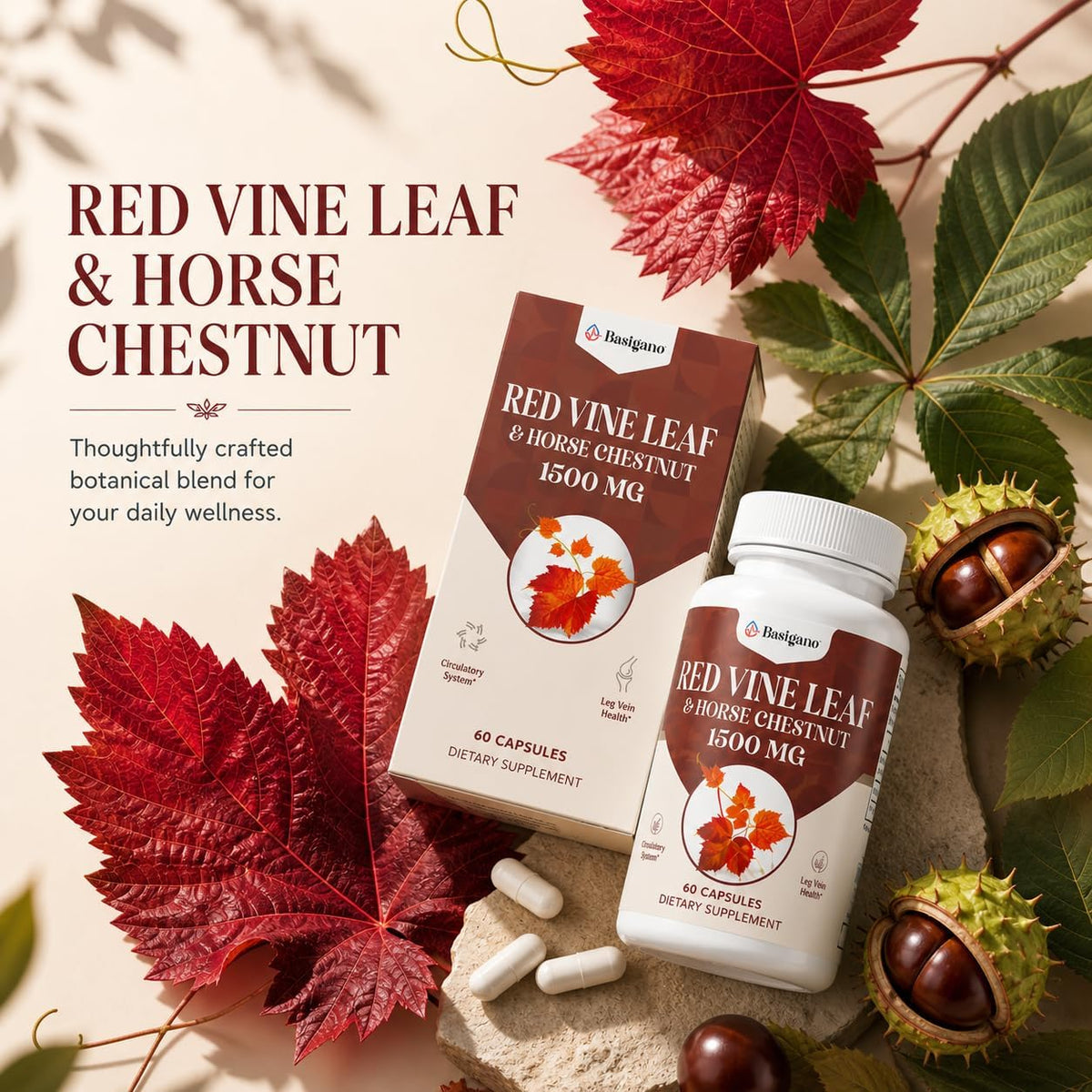 Basigano Red Vine Leaf & Horse Chestnut Extract Capsules 1500mg - Circulation, Vein, and Leg Support - görsel 6