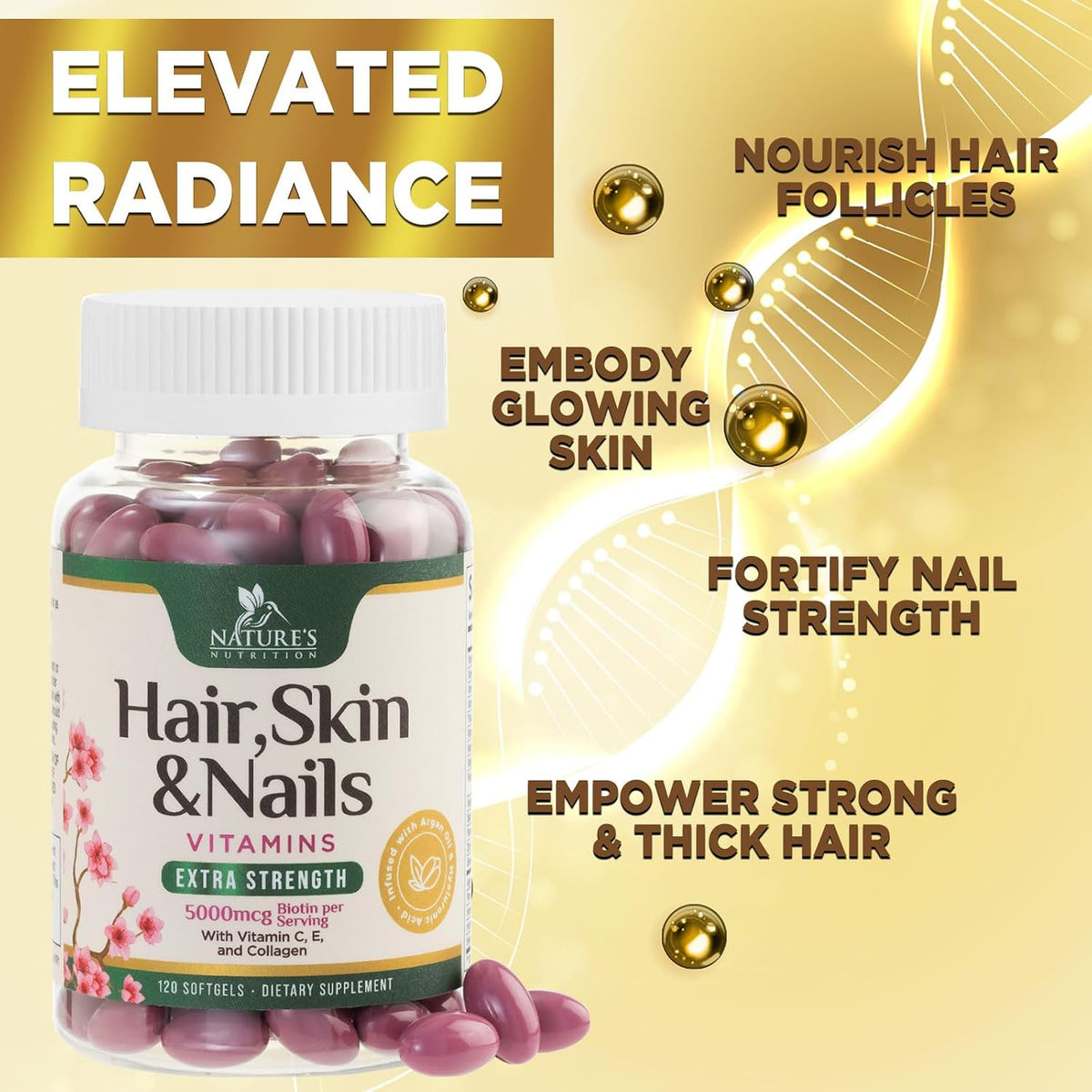 Hair, Skin and Nails Vitamins - Biotin 5000mcg with Collagen, Argan Oil and Hyaluronic Acid - 120 Softgels - görsel 6