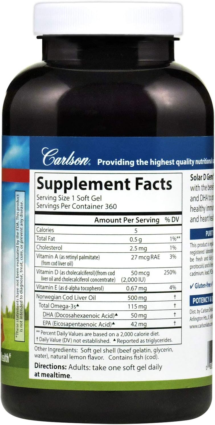 Carlson Solar D Gems - Vitamin D3 and Omega-3 Food Supplement, 2000 IU D3, 115 mg Omega-3s, Lemon Flavour, 360 Softgels - görsel 2