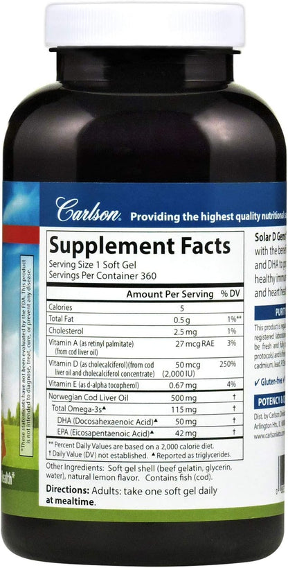 Carlson Solar D Gems - Vitamin D3 and Omega-3 Food Supplement, 2000 IU D3, 115 mg Omega-3s, Lemon Flavour, 360 Softgels