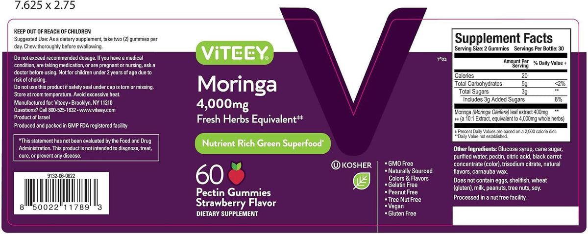 Viteey Moringa Gummies - 4000mg [from 400mg 10:1 Extract] - Strawberry Flavour - 60 Count - görsel 10
