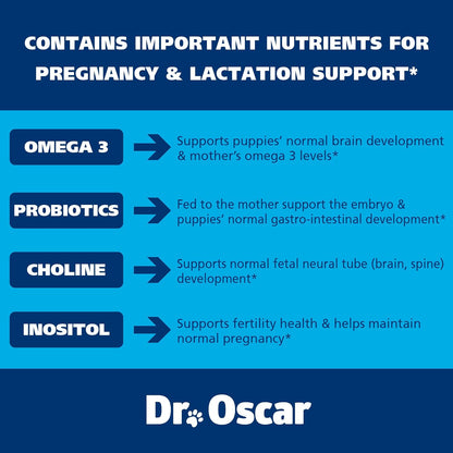 Dr. Oscar Dog Antenatal Vitamins - 2in1 Antenatal & Postnatal with Folic Acid, Omega 3, Probiotics, Choline & Inositol - 90 Tablets