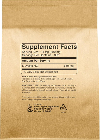Pure Original Ingredients L-Lysine HCl (227 g) - Pure Amino Acid Powder