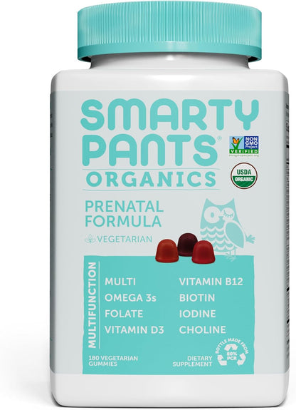SmartyPants Organic Prenatal Vitamins for Women, Multivitamin Gummies with Methylfolate, Omega-3, Vitamin D3, K2, Choline, 180 Count