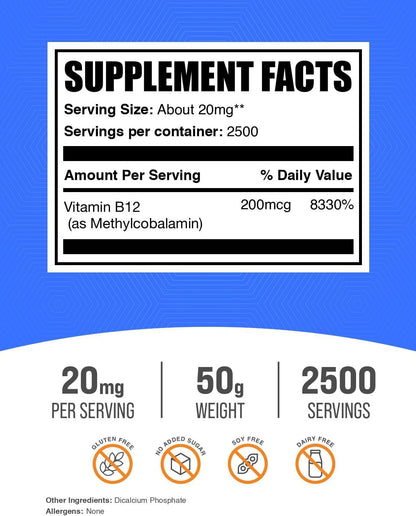 BulkSupplements.com Vitamin B12 Methylcobalamin Powder (50g)