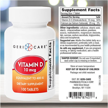GeriCare Vitamin D-3 (400 IU) & Calcium (25 mg) Tablets – 100 Tablets