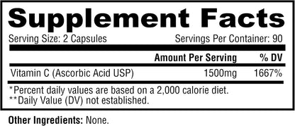 Metabolic Nutrition Vitamin C 1500mg - Pure Pharma-Grade, High Absorption Ascorbic Acid Capsules