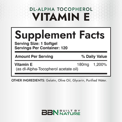 Built by Nature Vitamin E with Olive Oil 400 IU, 120 Soft gel capsules