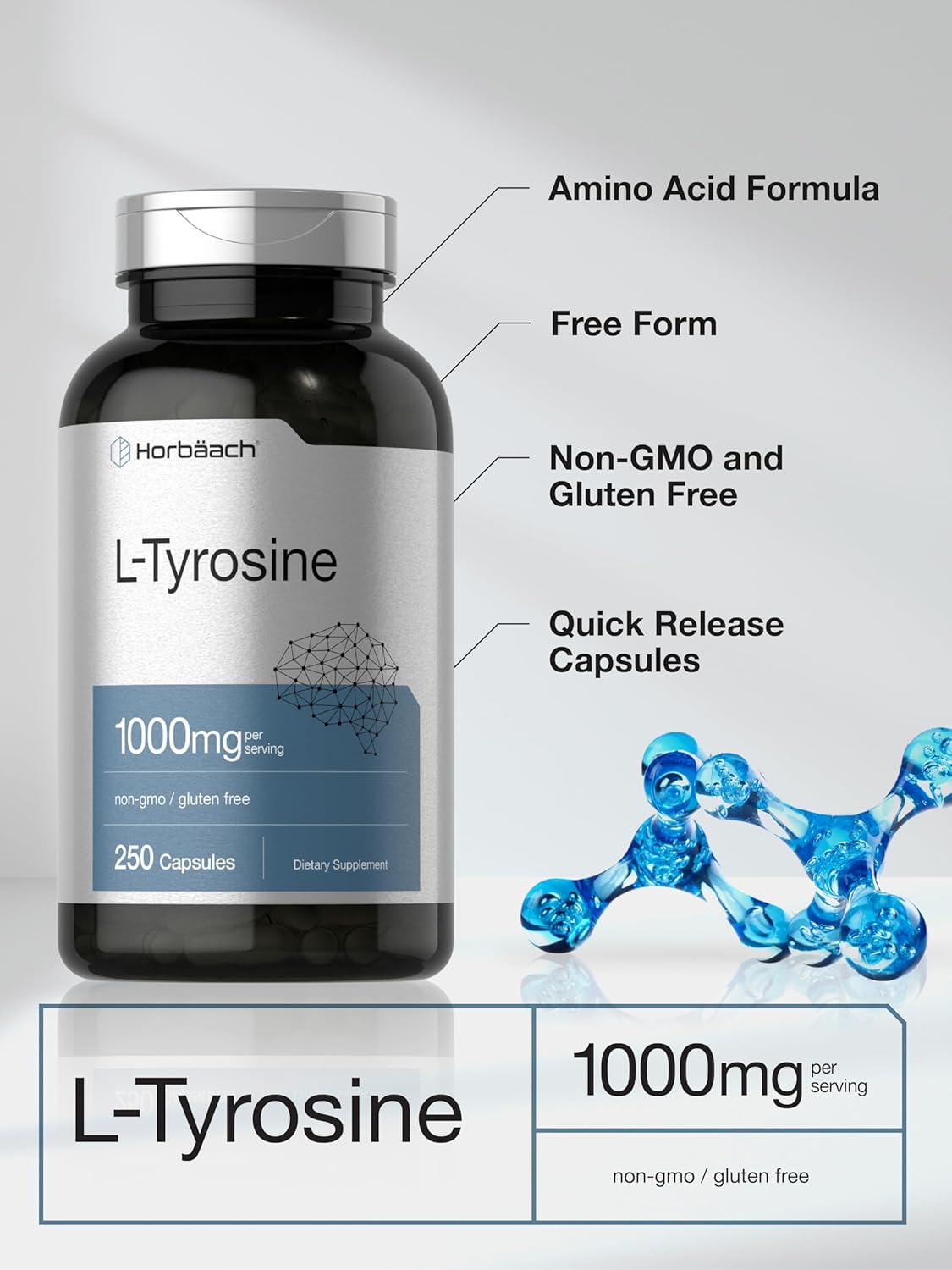 Horbäach L-Tyrosine 1000mg, 250 Capsules - Amino Acid Supplement, Non-GMO & Gluten-free - görsel 4