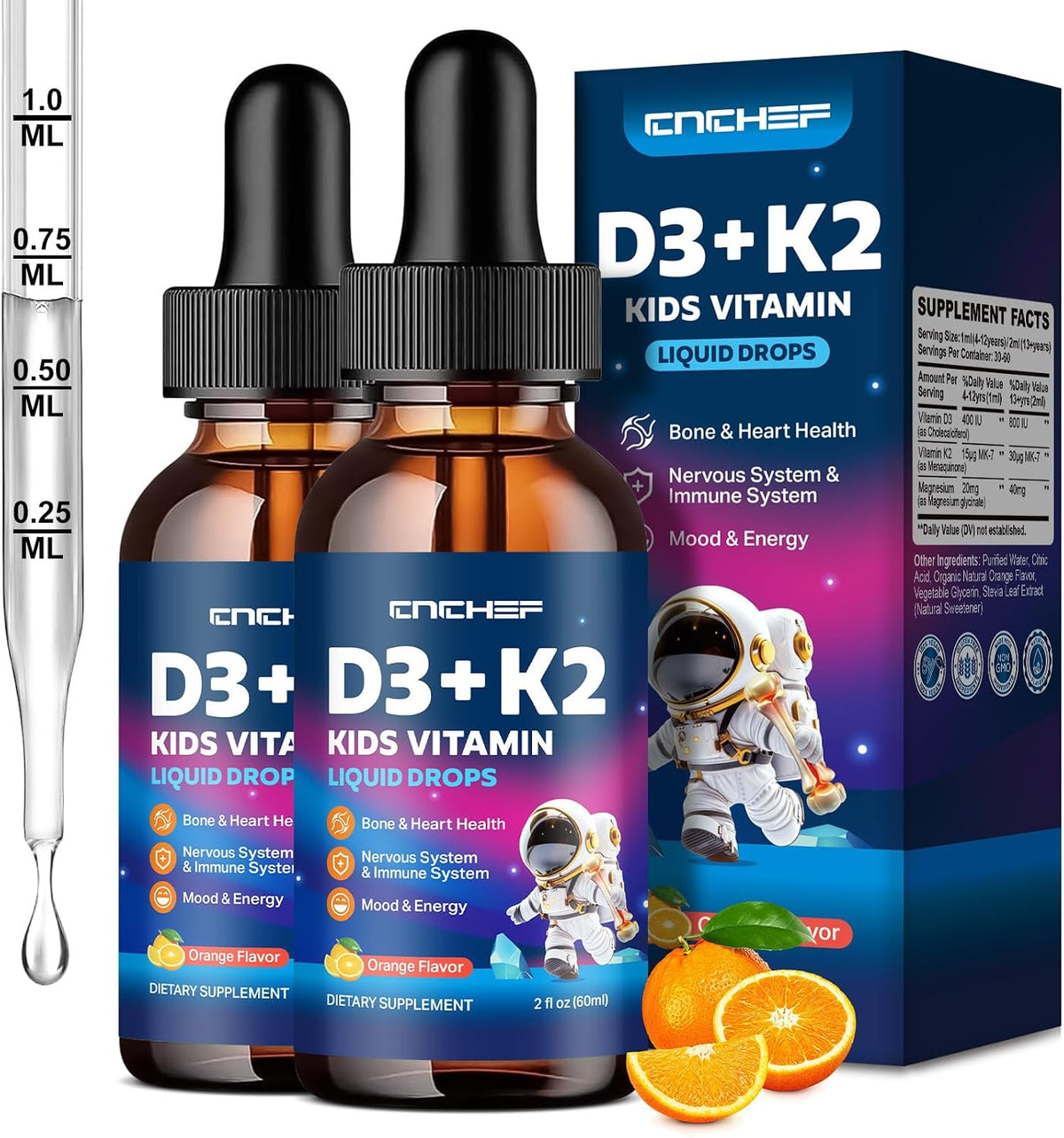 CNCHEF Vitamin D3 K2 Drops for Kids - Liquid Supplement with Magnesium, Orange, 60 ml - görsel 8