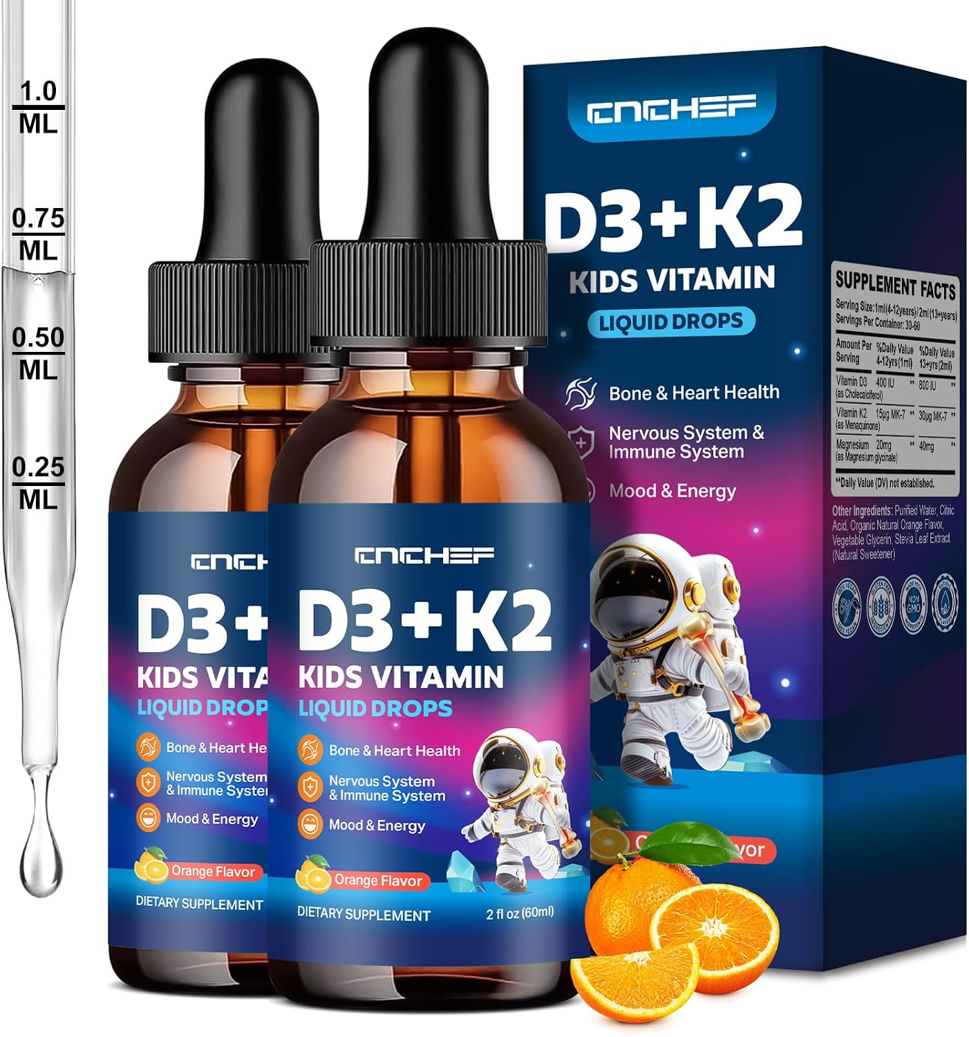 CNCHEF Vitamin D3 K2 Drops for Kids - Liquid Supplement with Magnesium, Orange, 60 ml - görsel 8